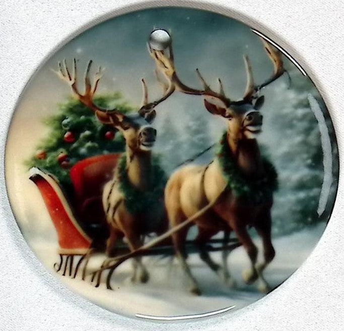 Reindeer Pulling Sleigh Christmas Ornament - 2 Sided
