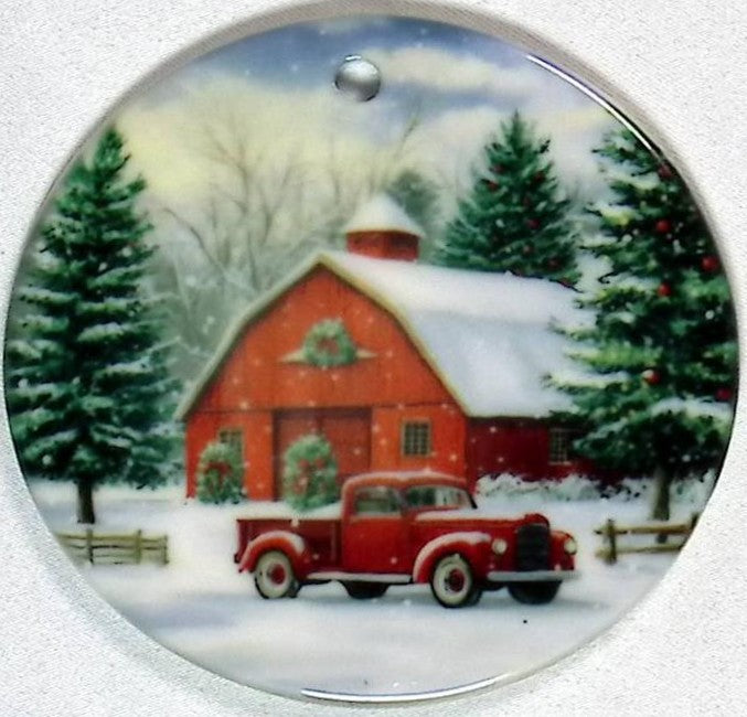 Red Barn and Truck Ceramic Christams Ornament - 2 Sided