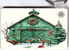 Green Christmas Barn Rectangular Key Chain