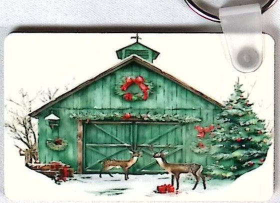 Green Christmas Barn Rectangular Key Chain