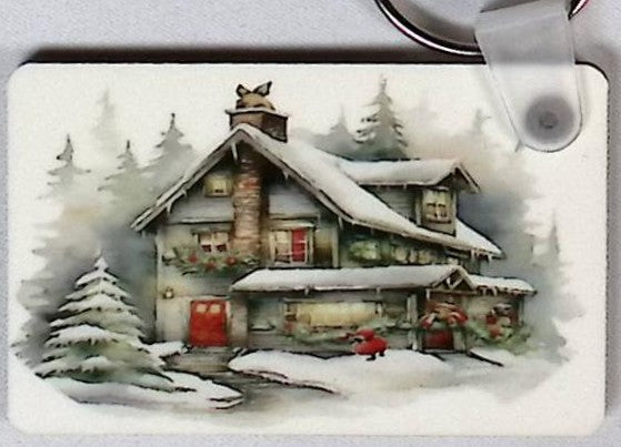 Snow Covered House Rectangular Key Chain