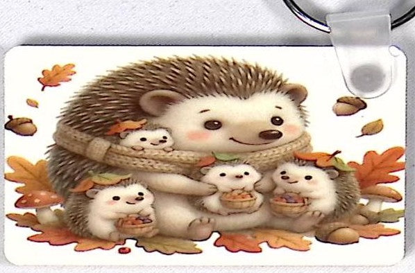 Hedgehogs Family Leaves Rectangular Key Chain