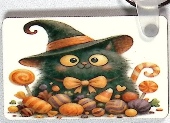 Blck Cat Hat Rectanular Key Chain