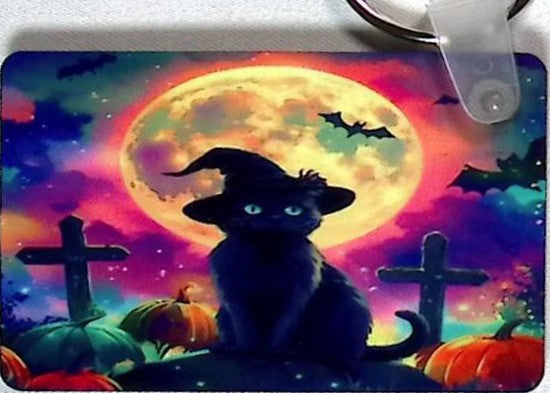 Black Cat Neon Sky Rectangular Key Chain