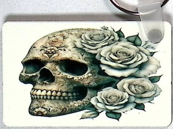 Skull White Roses Rectangular Key Chain