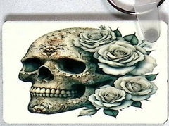 Skull White Roses Rectangular Key Chain