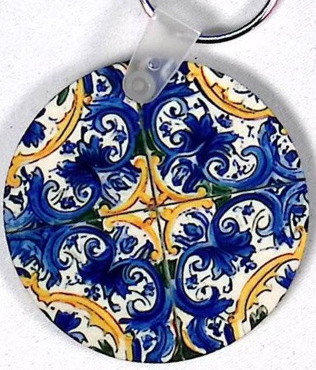 Blue Gold Tile Round Key Chain