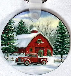 Old Red Truck Barn Round Key Chain