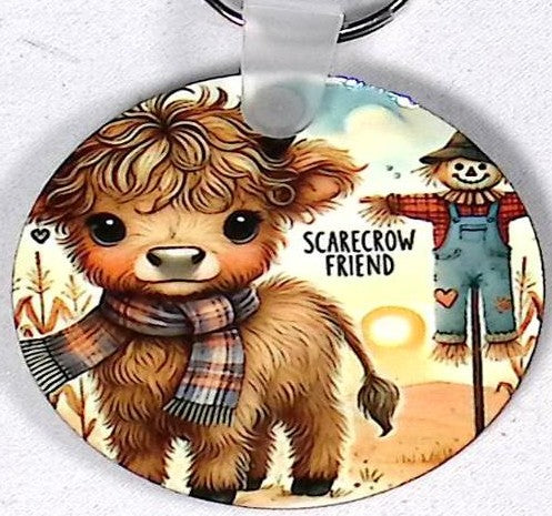 Highland Calf Scarecrow Round Key Chain
