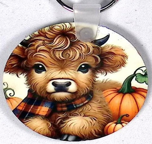 Highland Calf Pumpkin Round Key Chain