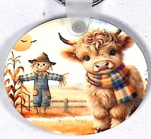 Highland Calf Scarecrow Round Key Chain