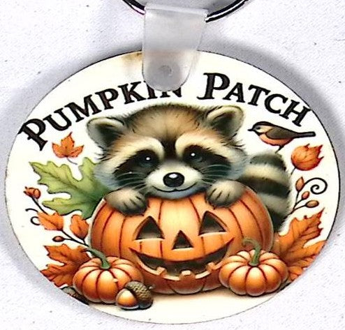 Raccoon Pumpkin Patch Round Key Chain