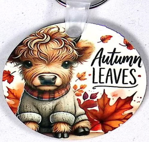 Highland Calf Leaves Round Key Chains
