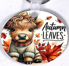 Highland Calf Leaves Round Key Chains