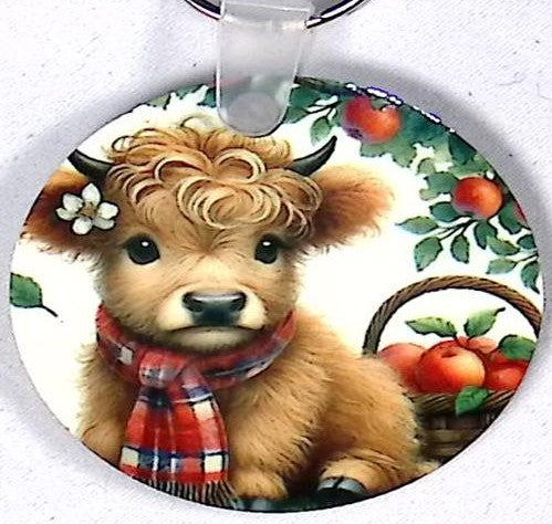 Highland Calf Apples Round Key Chain