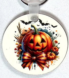 Carved Pumpkin Bats Round Key Chain
