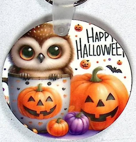 Owl Carved Pumpkin Round Key Chain