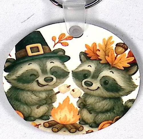Raccoons Campfire Round Key Chain